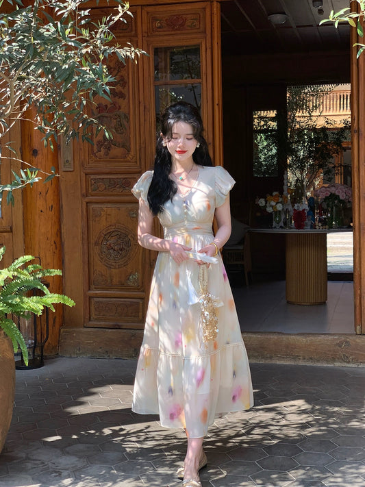Send a letter "There is Sugar" Artistic Oil Painting Print Tea Break Dress Women's V-neck Long Waist Slimming Dress