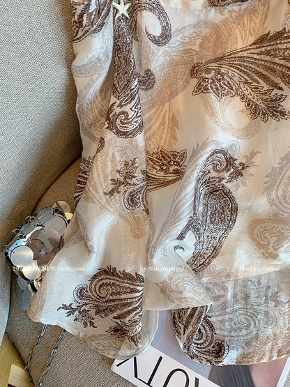 Retro-style printed beaded camisole for women, 2025 summer new style, elegant, slimming, and youthful top.