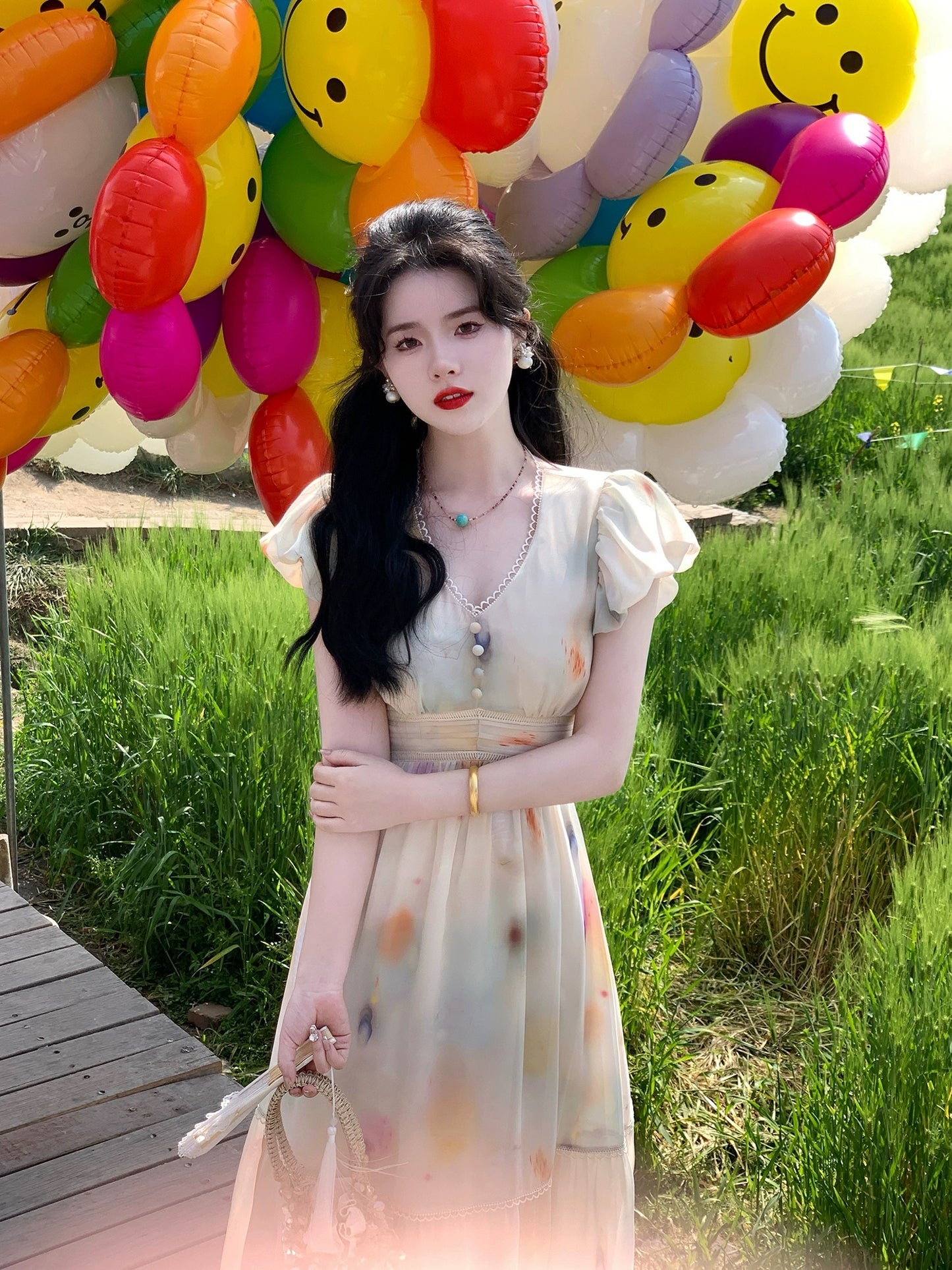 Send a letter "There is Sugar" Artistic Oil Painting Print Tea Break Dress Women's V-neck Long Waist Slimming Dress
