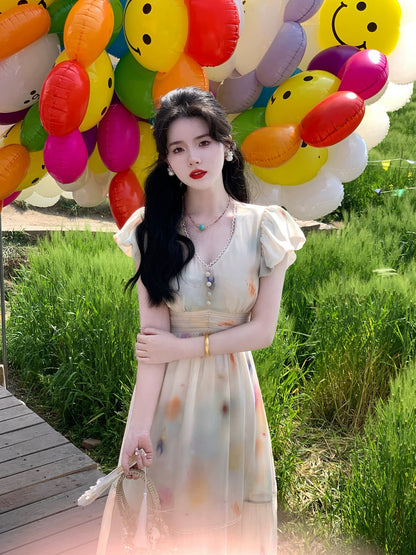Send a letter "There is Sugar" Artistic Oil Painting Print Tea Break Dress Women's V-neck Long Waist Slimming Dress