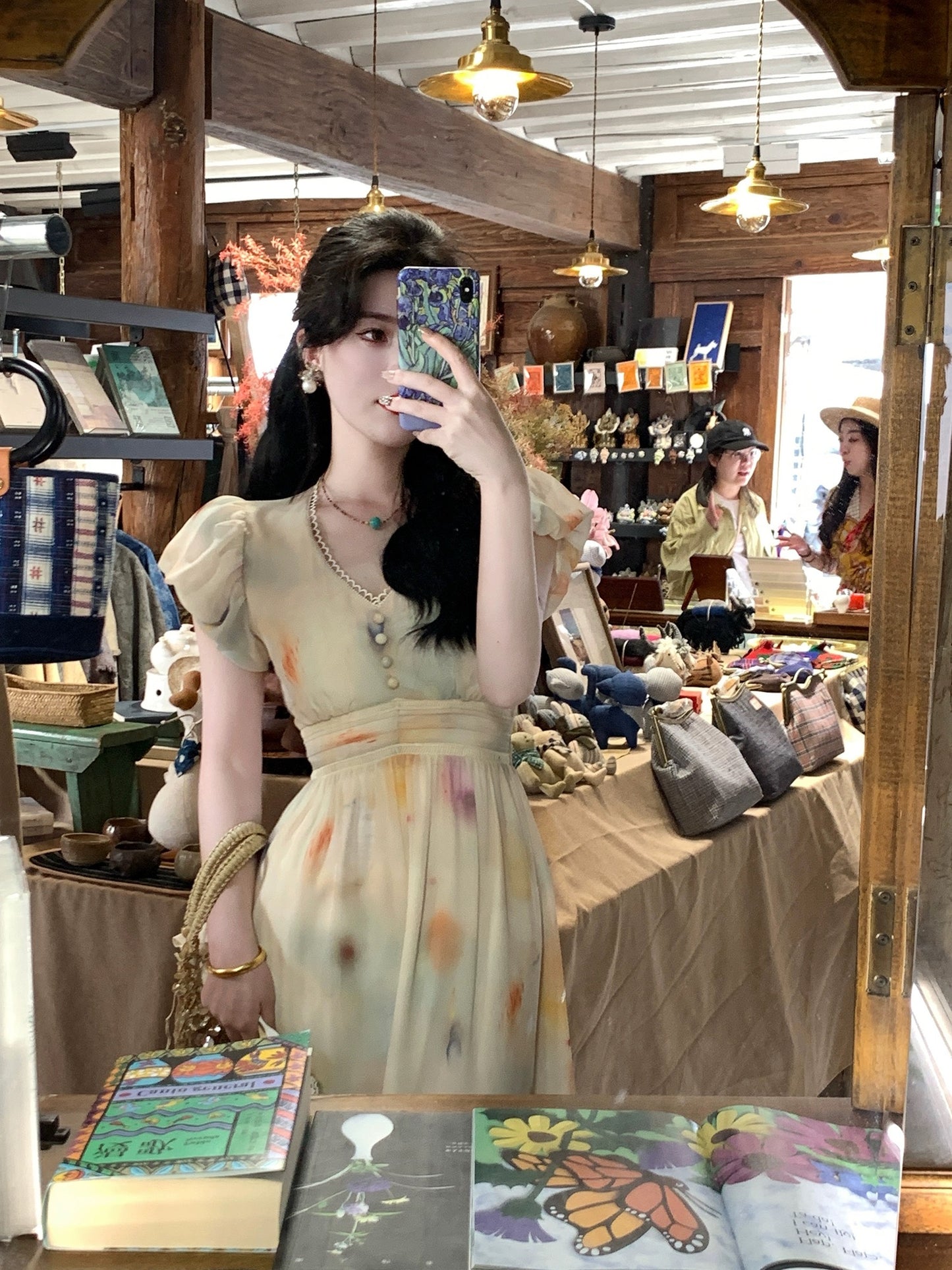 Send a letter "There is Sugar" Artistic Oil Painting Print Tea Break Dress Women's V-neck Long Waist Slimming Dress
