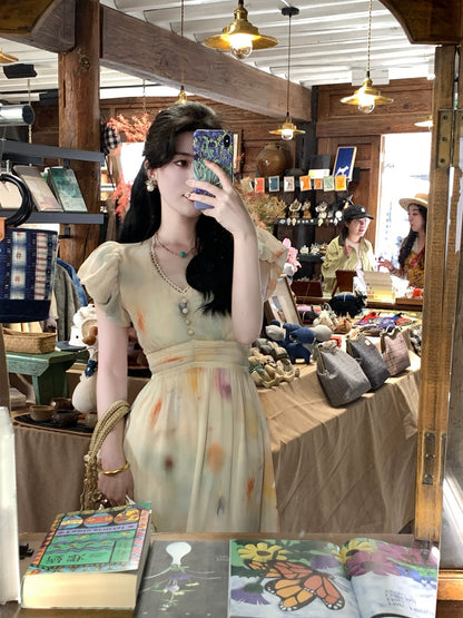 Send a letter "There is Sugar" Artistic Oil Painting Print Tea Break Dress Women's V-neck Long Waist Slimming Dress