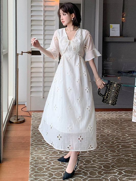 MIUCO Romantic Fairy Tencel Hollow Embroidery V-neck Lotus Leaf Trumpet Sleeve High Waist Swing Dress [Ready Stock]
