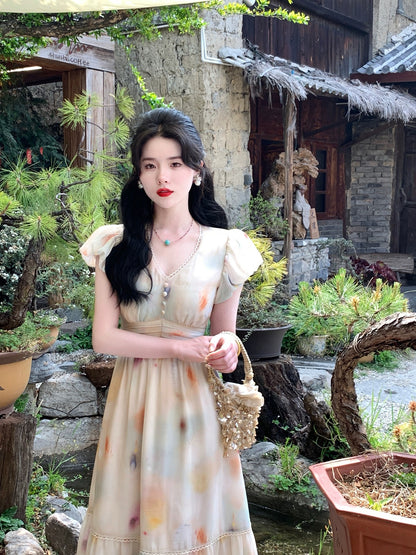 Send a letter "There is Sugar" Artistic Oil Painting Print Tea Break Dress Women's V-neck Long Waist Slimming Dress