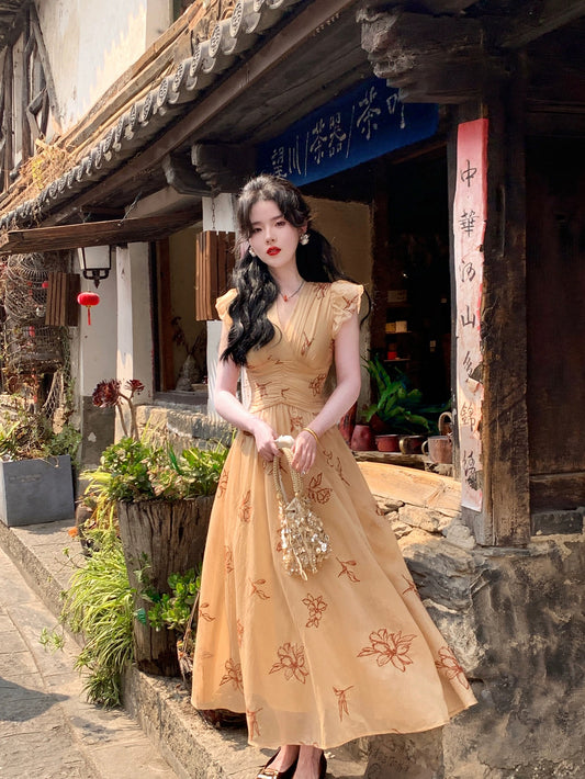 Send a letter "Collection of Poems" Tencel cotton thread embroidery V-neck waist slimming A-hem dress holiday long skirt