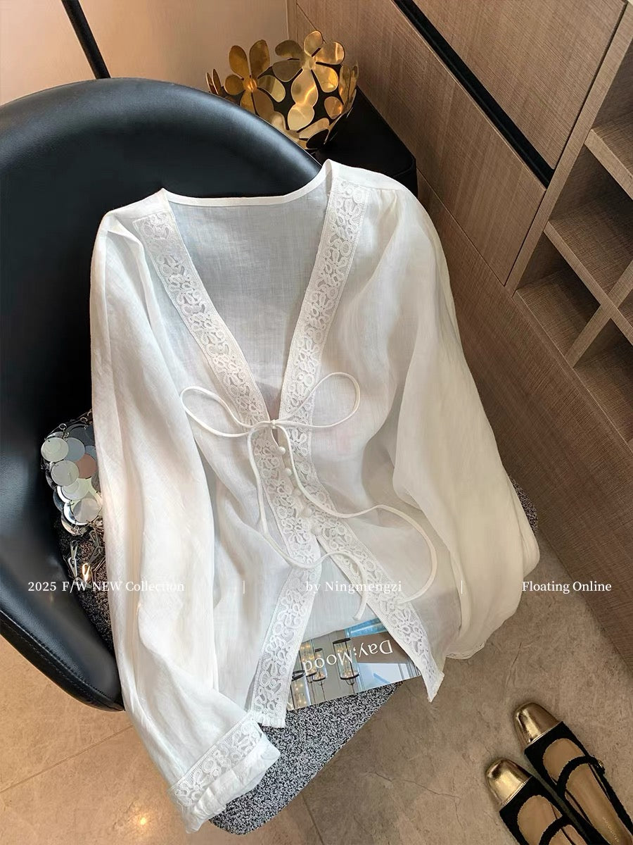 French-style lace-trimmed V-neck embroidered linen shirt for women, new summer 2025 style, gentle and elegant, slimming and sun-protective top.