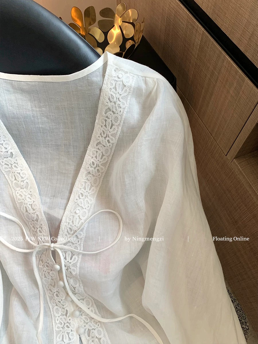 French-style lace-trimmed V-neck embroidered linen shirt for women, new summer 2025 style, gentle and elegant, slimming and sun-protective top.