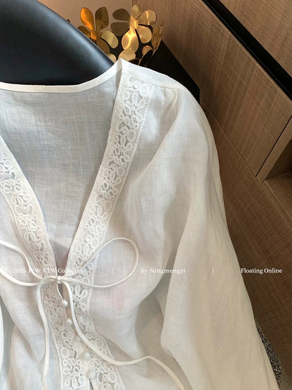French-style lace-trimmed V-neck embroidered linen shirt for women, new summer 2025 style, gentle and elegant, slimming and sun-protective top.