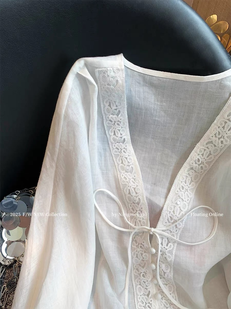 French-style lace-trimmed V-neck embroidered linen shirt for women, new summer 2025 style, gentle and elegant, slimming and sun-protective top.