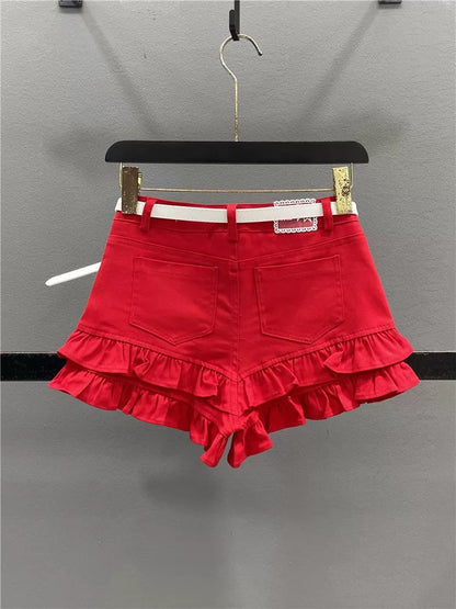 Fashionable red hot girl ear-edge denim shorts for women 2025 summer age-reducing slimming sexy A-line super short shorts