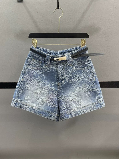 Retro heavy-duty embroidered jacquard denim shorts for women 2025 summer design high waist slim a-line wide-leg hot pants