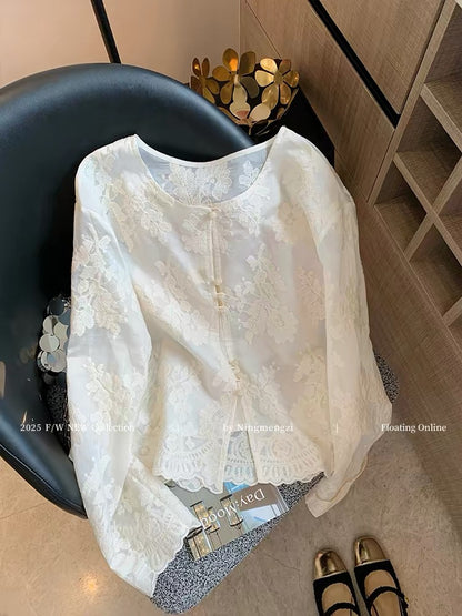 French-style white lace openwork new Chinese style shirt top for women, 2025 spring new style, super fairy-like temperament and youthful inner layer.