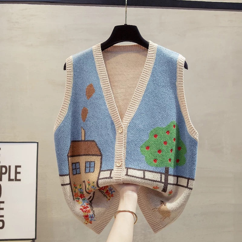 Women's V-neck cardigan knit vest, 2025 autumn/winter new style, loose fit, suitable for layering over sweaters, trendy.