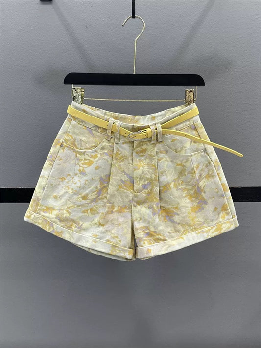 Yellow tie-dye printed hem denim shorts for women 2025 summer slim all-match casual A-line wide-leg hot pants