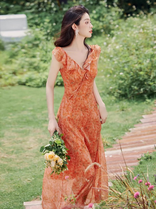 2024 tea break French chiffon floral suspender dress seaside vacation beach long skirt slimming temperament fairy