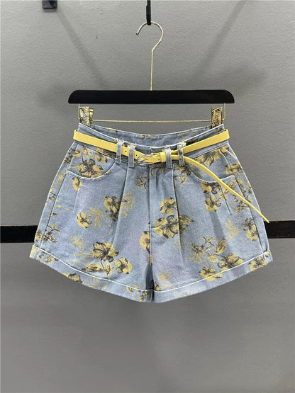 Yellow tie-dye printed hem denim shorts for women 2025 summer slim all-match casual A-line wide-leg hot pants