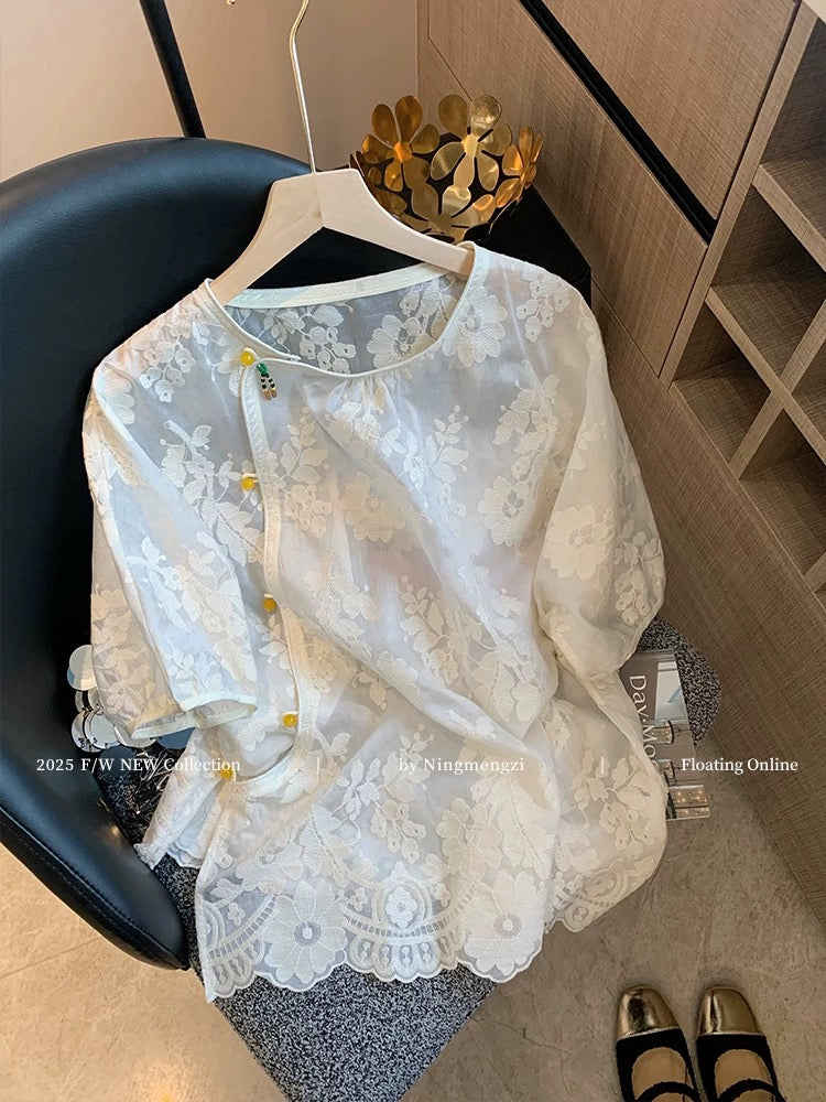 New Chinese style jacquard embroidered diagonal placket short-sleeved T-shirt for women, 2025 summer new style, elegant, youthful, versatile, and with a traditional Chinese style.