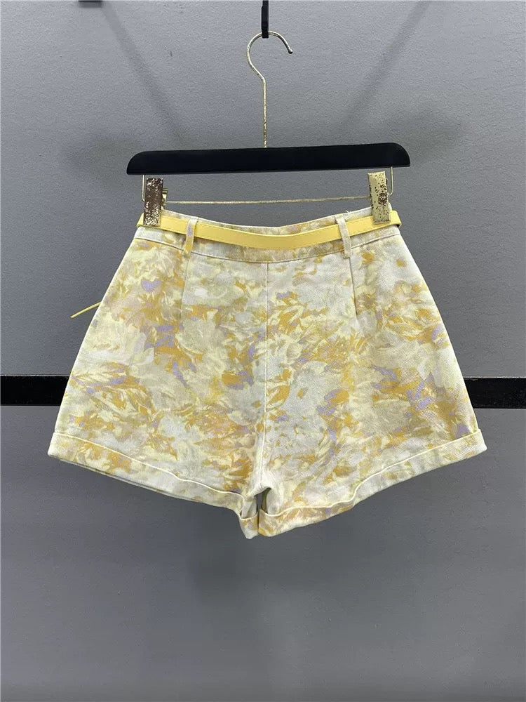 Yellow tie-dye printed hem denim shorts for women 2025 summer slim all-match casual A-line wide-leg hot pants