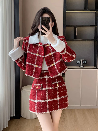 Christmas red small fragrant style suit skirt for women in autumn and winter 2024 new hot style high-end socialite New Year's two-piece set