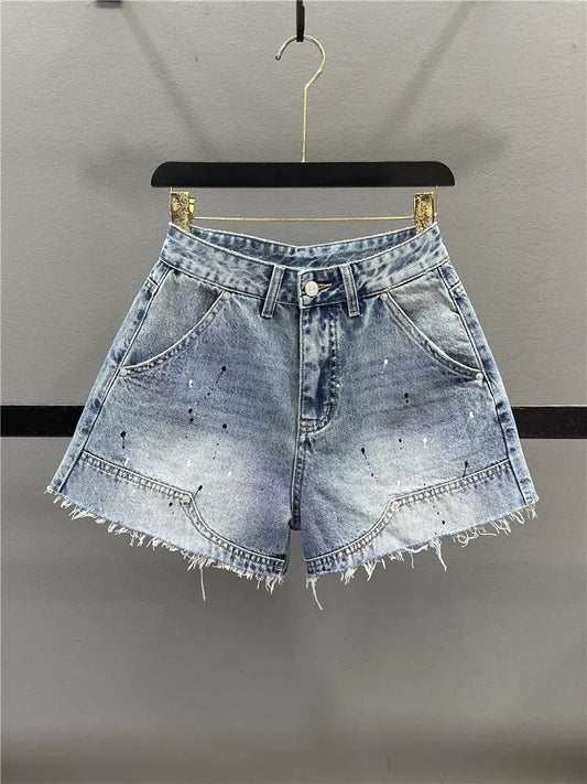 European goods personalized spray-painted denim shorts women 2025 summer high waist loose slim A-line wide-leg pants raw edge hot pants