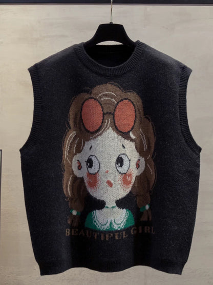 Women's Round Neck Knitted Vest, 2025 Autumn/Winter New Style, Loose Fit, Layered, Outerwear, Sweater Vest, Trendy
