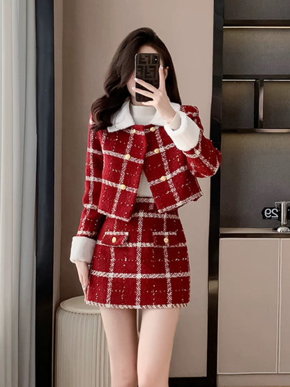 Christmas red small fragrant style suit skirt for women in autumn and winter 2024 new hot style high-end socialite New Year's two-piece set