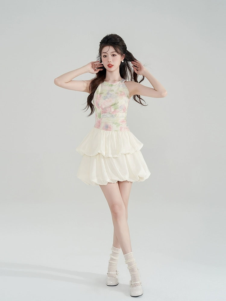 Design niche halterneck dress for women summer French tea break cake bud skirt waist A-line short skirt
