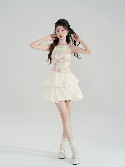 Design niche halterneck dress for women summer French tea break cake bud skirt waist A-line short skirt