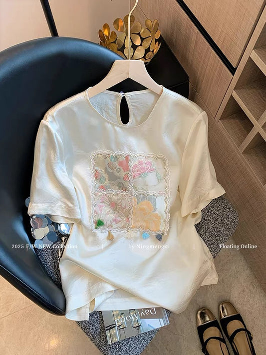 New Chinese style embroidered jacquard acetate short-sleeved T-shirt for women, 2025 summer new style, high-end temperament, age-reducing satin top.