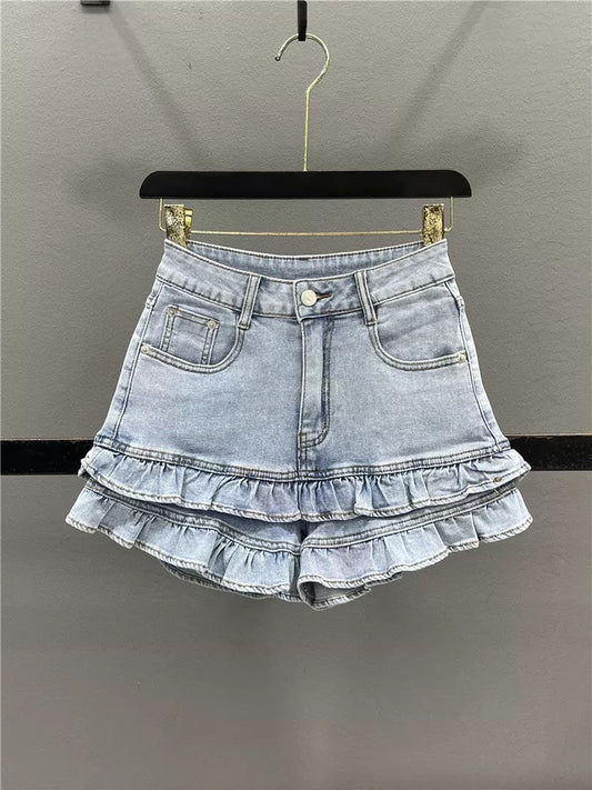 Design sweet wood ear lace denim shorts women 2025 summer high waist slim hot girl A-line wide leg hot pants