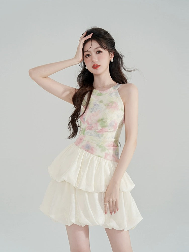 Design niche halterneck dress for women summer French tea break cake bud skirt waist A-line short skirt