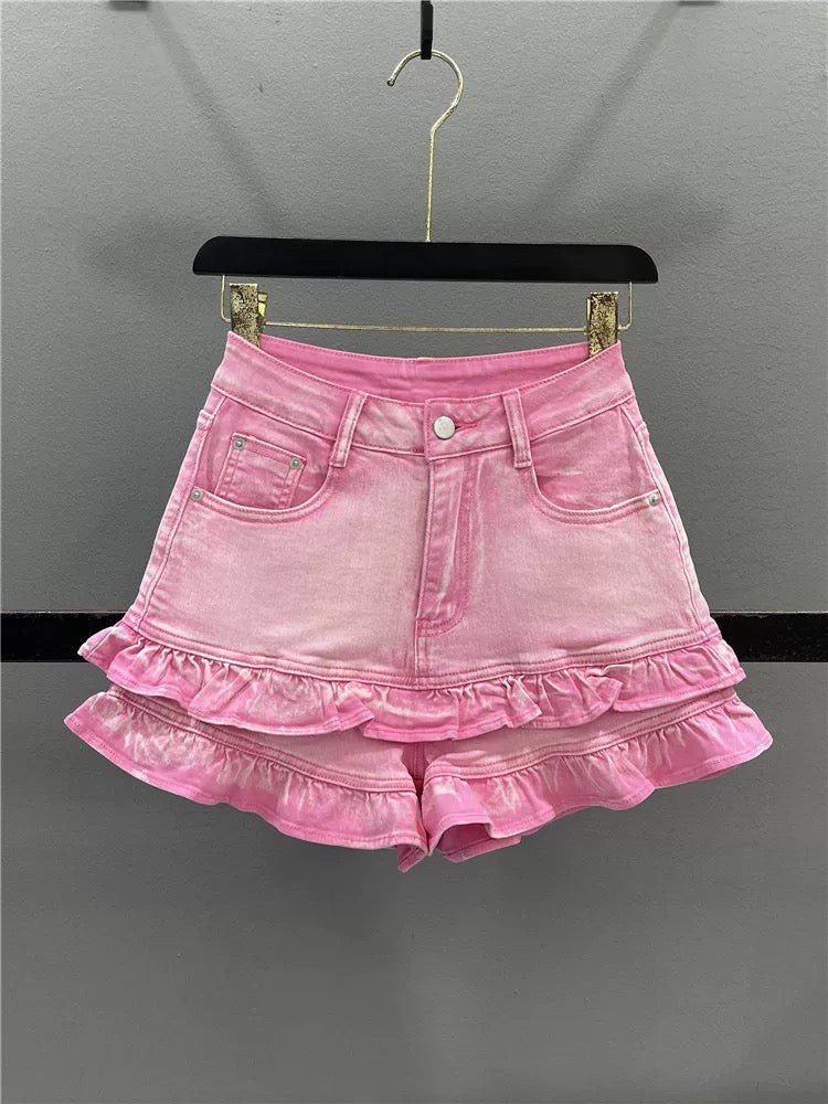 Design sweet wood ear lace denim shorts women 2025 summer high waist slim hot girl A-line wide leg hot pants