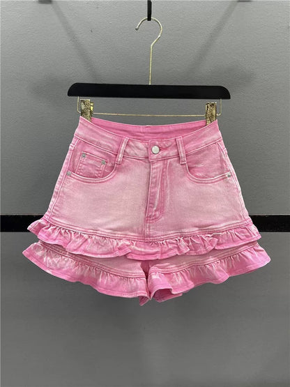 Design sweet wood ear lace denim shorts women 2025 summer high waist slim hot girl A-line wide leg hot pants
