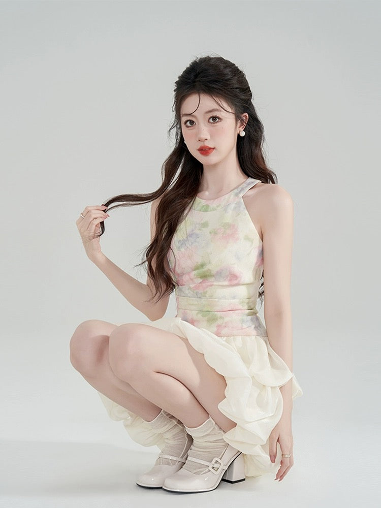 Design niche halterneck dress for women summer French tea break cake bud skirt waist A-line short skirt