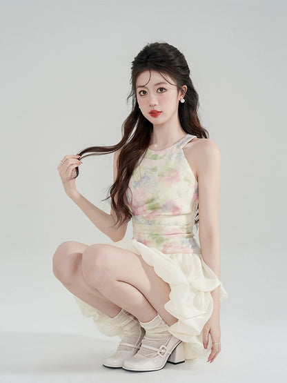 Design niche halterneck dress for women summer French tea break cake bud skirt waist A-line short skirt