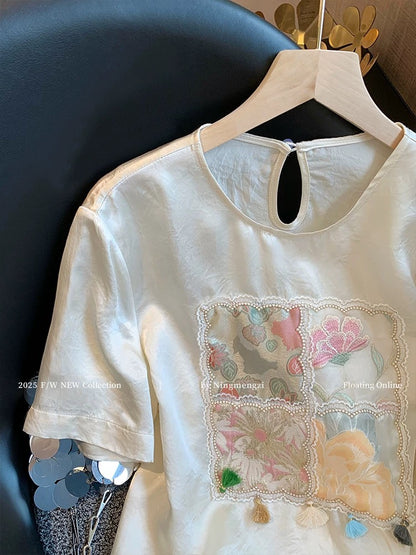 New Chinese style embroidered jacquard acetate short-sleeved T-shirt for women, 2025 summer new style, high-end temperament, age-reducing satin top.