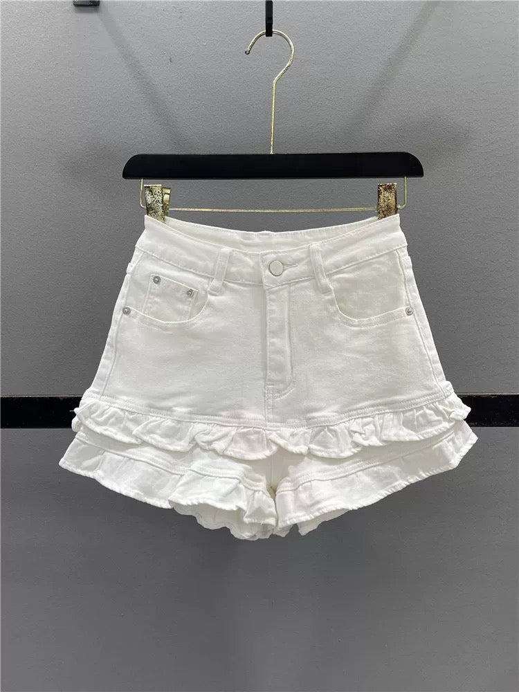 Design sweet wood ear lace denim shorts women 2025 summer high waist slim hot girl A-line wide leg hot pants
