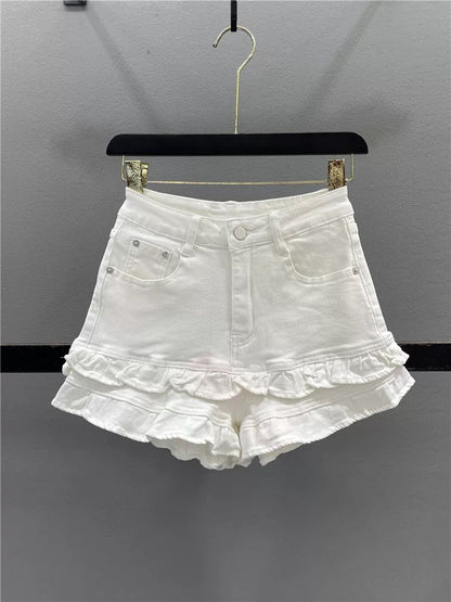 Design sweet wood ear lace denim shorts women 2025 summer high waist slim hot girl A-line wide leg hot pants