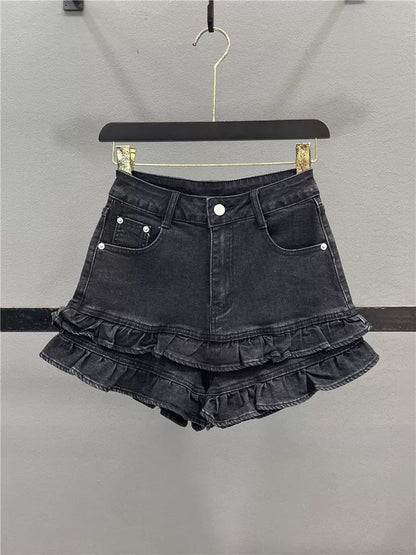 Design sweet wood ear lace denim shorts women 2025 summer high waist slim hot girl A-line wide leg hot pants