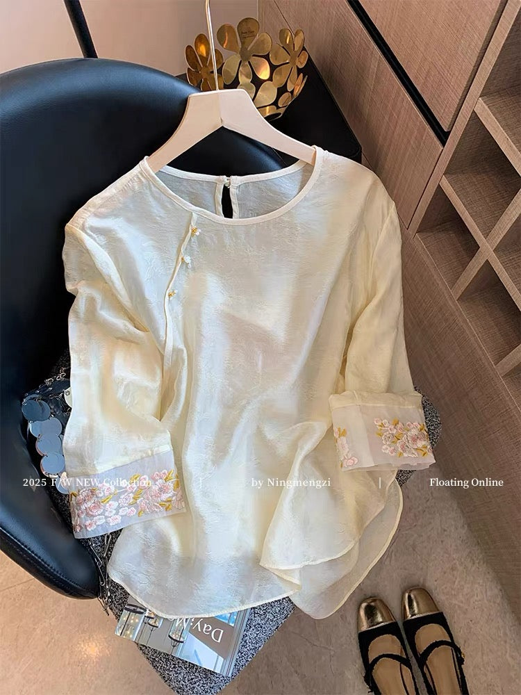 New Chinese style jacquard embroidered diagonal placket three-quarter sleeve Tencel shirt for women, new summer style, gentle and youthful temperament, Chinese style top.