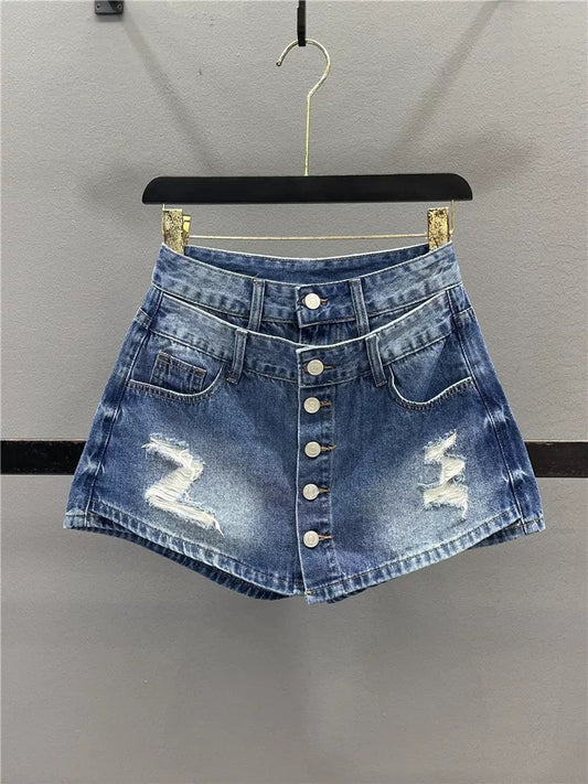 Fake two-piece ripped denim short skirt pants women 2025 summer new single-breasted high waist slim A-line wide-leg pants skirt