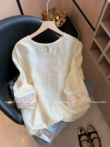 New Chinese style jacquard embroidered diagonal placket three-quarter sleeve Tencel shirt for women, new summer style, gentle and youthful temperament, Chinese style top.