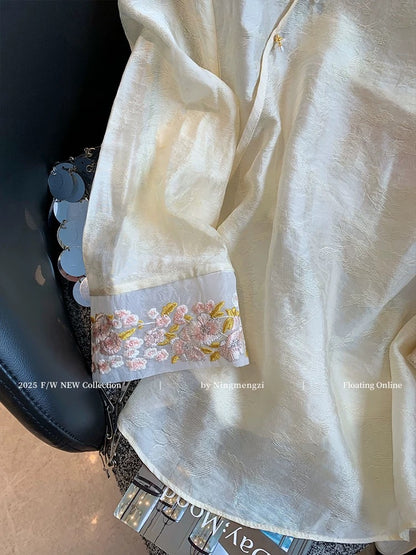 New Chinese style jacquard embroidered diagonal placket three-quarter sleeve Tencel shirt for women, new summer style, gentle and youthful temperament, Chinese style top.