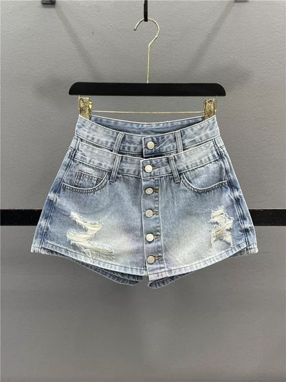Fake two-piece ripped denim short skirt pants women 2025 summer new single-breasted high waist slim A-line wide-leg pants skirt