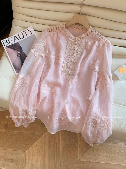 Pink embroidered lace-trimmed hollow-out blouse for women, new summer 2025, French style, youthful, gentle and elegant, versatile top.