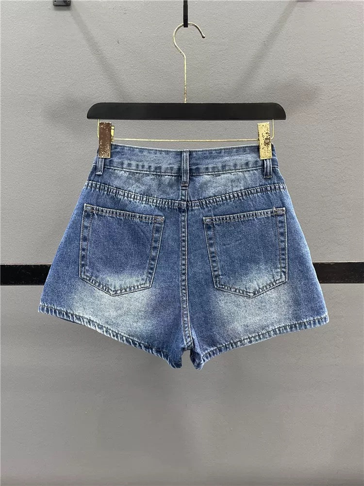 Fake two-piece ripped denim short skirt pants women 2025 summer new single-breasted high waist slim A-line wide-leg pants skirt
