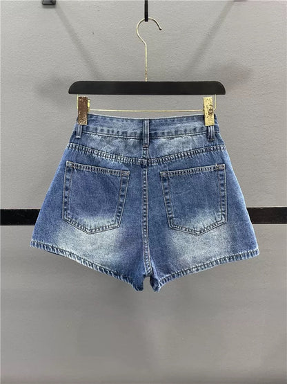 Fake two-piece ripped denim short skirt pants women 2025 summer new single-breasted high waist slim A-line wide-leg pants skirt