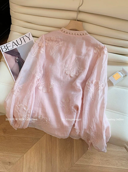 Pink embroidered lace-trimmed hollow-out blouse for women, new summer 2025, French style, youthful, gentle and elegant, versatile top.
