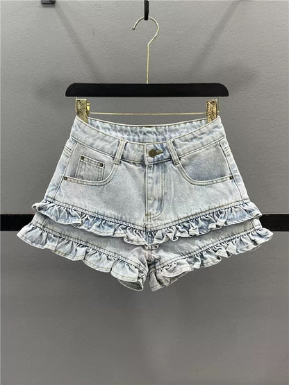 Sweet fungus lace denim shorts for women 2025 summer new style age-reducing slimming A-line wide-leg pants hot girl hot pants