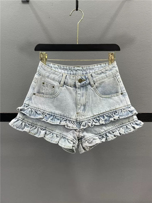 Sweet fungus lace denim shorts for women 2025 summer new style age-reducing slimming A-line wide-leg pants hot girl hot pants